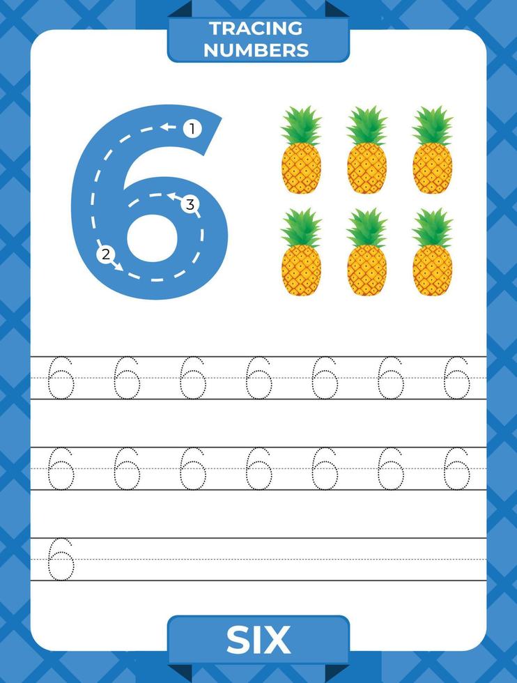 Number 6 trace, Worksheet for learning numbers, kids learning material, kids activity page vector