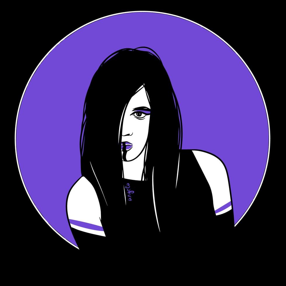 Beautiful portrait, a girl with long hair, in purple and white, on a black background vector