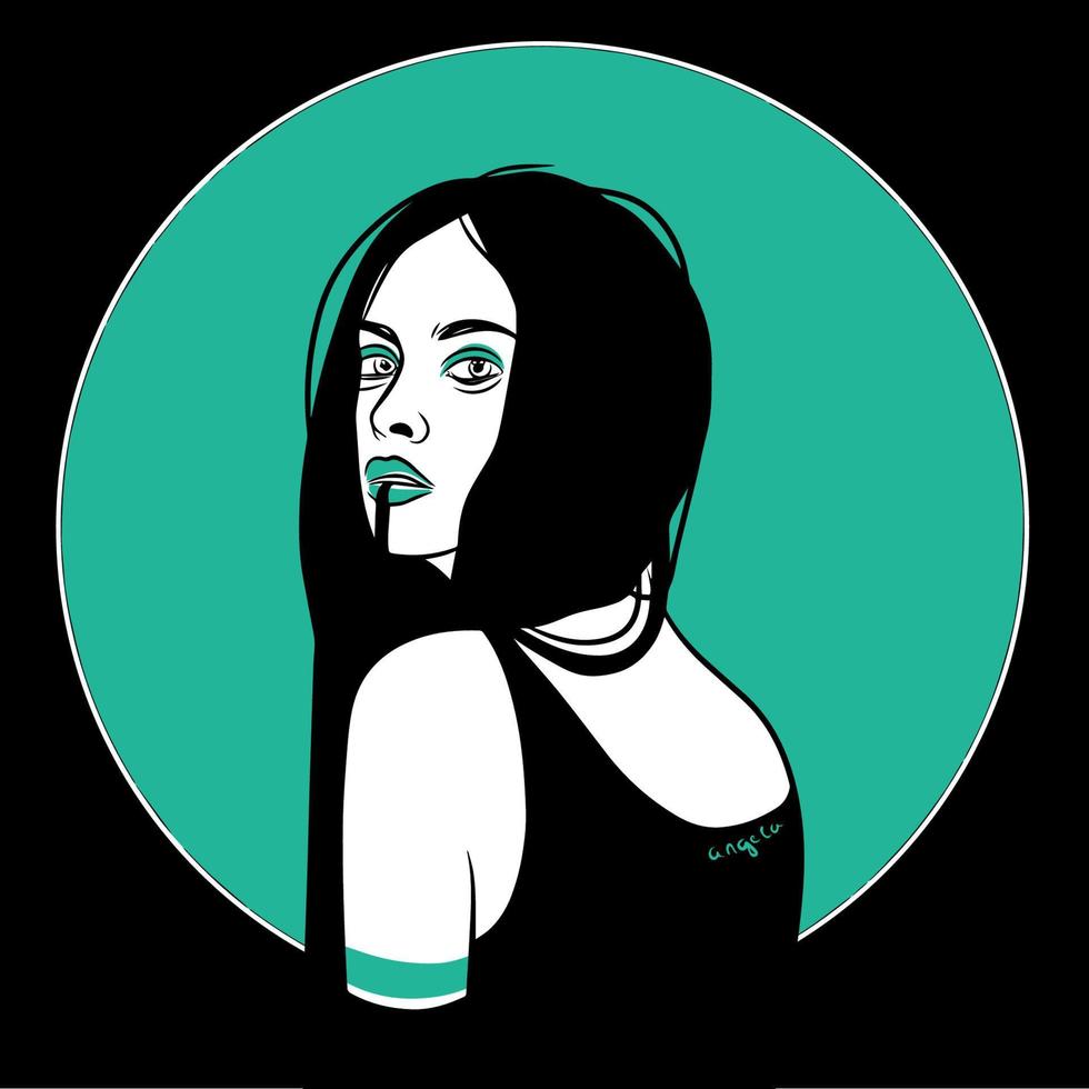 Girl with long hair, in green and white, on a black background, minimalism vector