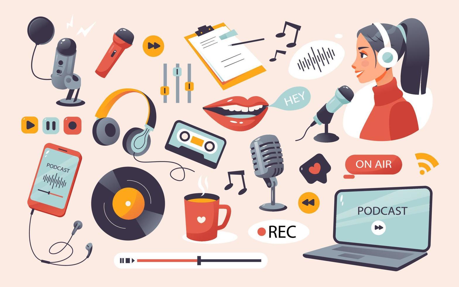 Podcast set. Podcast elements, microphone, headphones, player, recording. A person records a podcast. Cartoon vector illustration