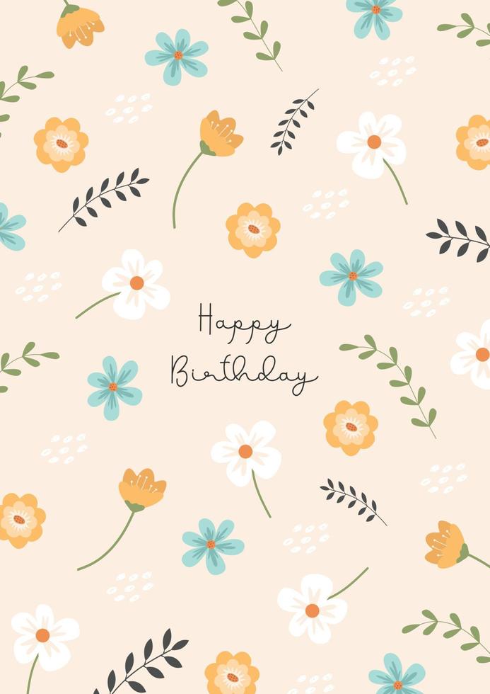 tarjeta de felicitación de cumpleaños con bonitas flores de primavera retro. postal con resúmenes botánicos, vector