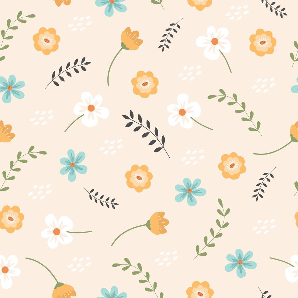 Seamless patterned background with colourful retro flowers. Cute botanical shapes, leaves, decorative abstract vector illustration