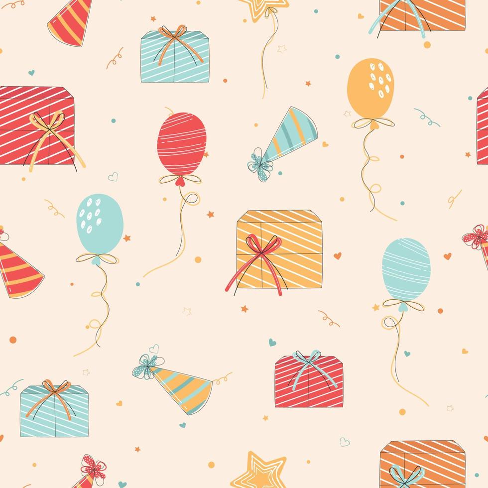 Festive fancy pattern with balloons and gifts. Design for backgrounds, cards, textiles, gift paper. Vector