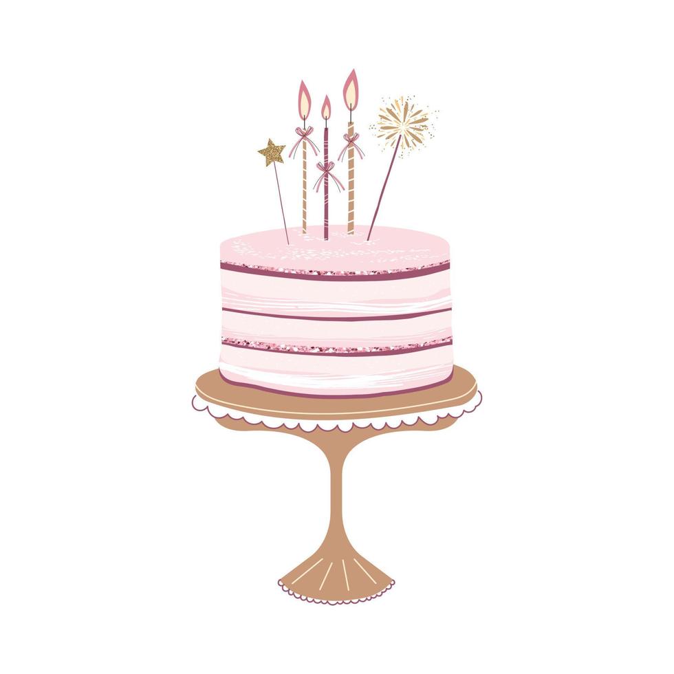 ilustración de un pastel rosa festivo con velas para tarjetas de felicitación sobre fondo blanco. vector