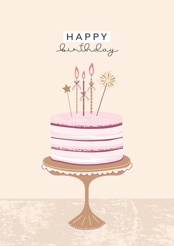 una tarjeta de cumpleaños con un pastel y velas de estilo retro con purpurina. plantilla vectorial vector