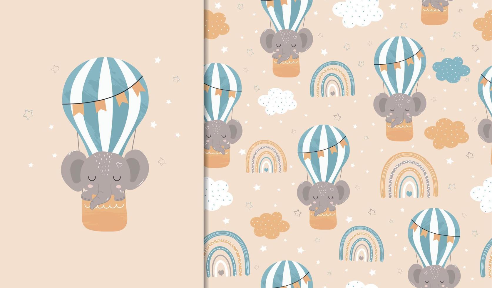 Set of posters and seamless patterns with an elephant flying in a balloon. Child illustration for posters, textiles. Vector