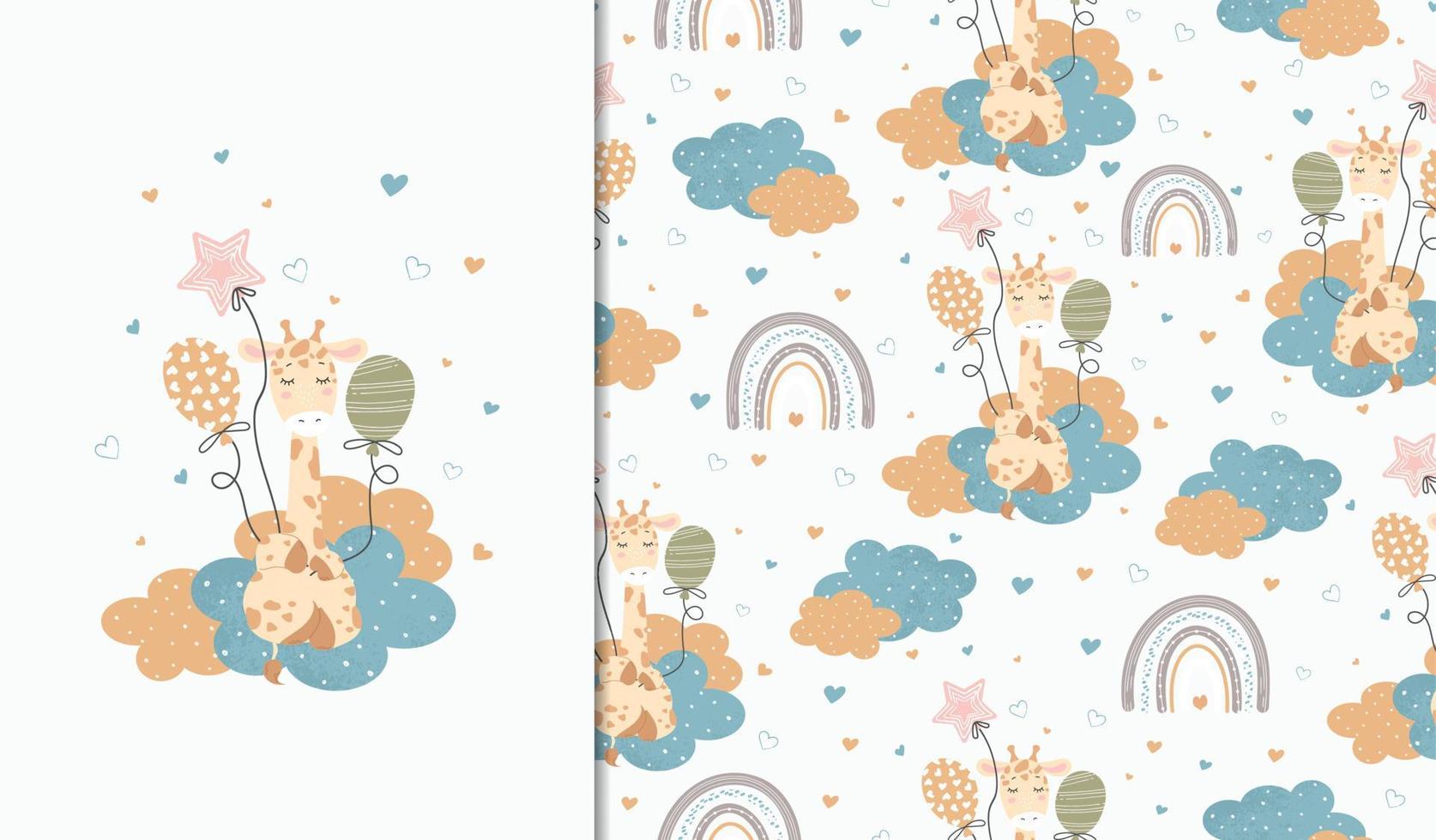 Set of posters and seamless patterns with a giraffe holding balloons. Children's illustration for posters, textiles. Vector