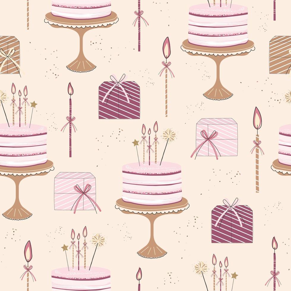 Seamless pattern with birthday cake, candles, and gift boxes. For wrapping paper, printing, textiles. Vector