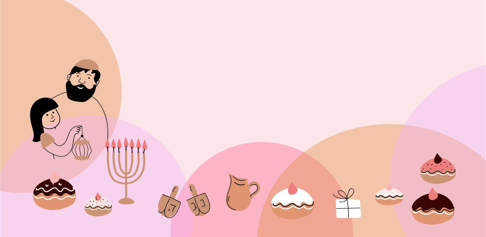 hanukkah vector doodle horisontal banner, israel saludo feliz tarjetas de hanukkah elementos. decoración de fiesta religiosa.