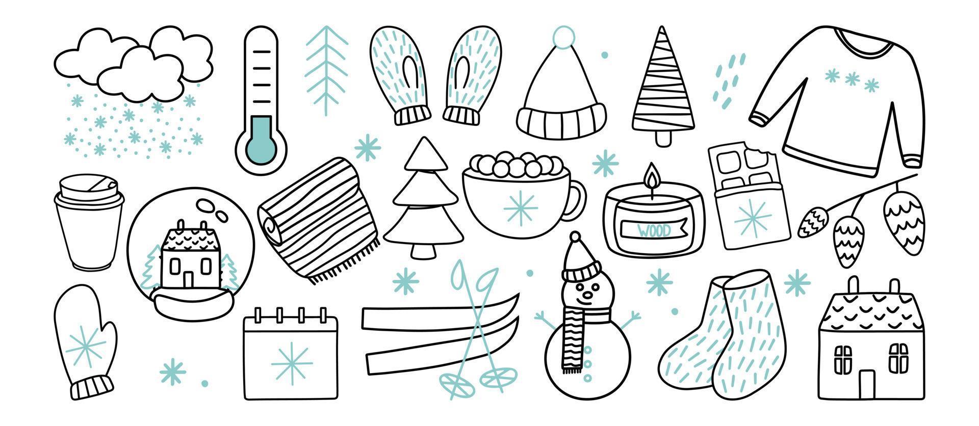 Winter season themed doodle set - snowflakes, classic jewelry, knitwear, winter sports. Free hand vector drawings isolated on a white background.