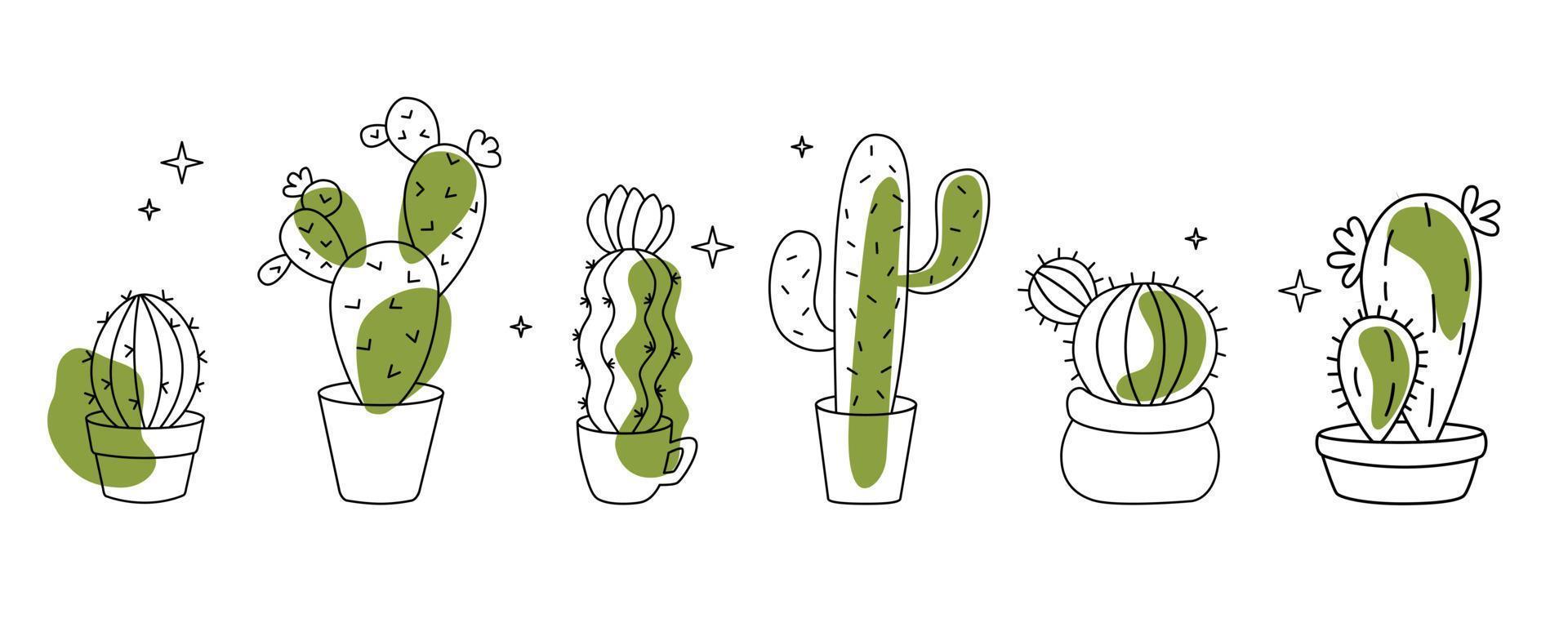 conjunto, garabato, caricatura, línea, cactus vector