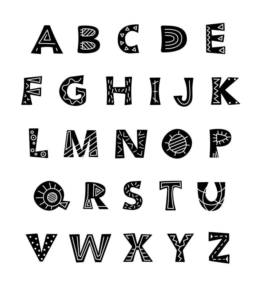 Alphabet hand draw black and white letters in folk style. vector