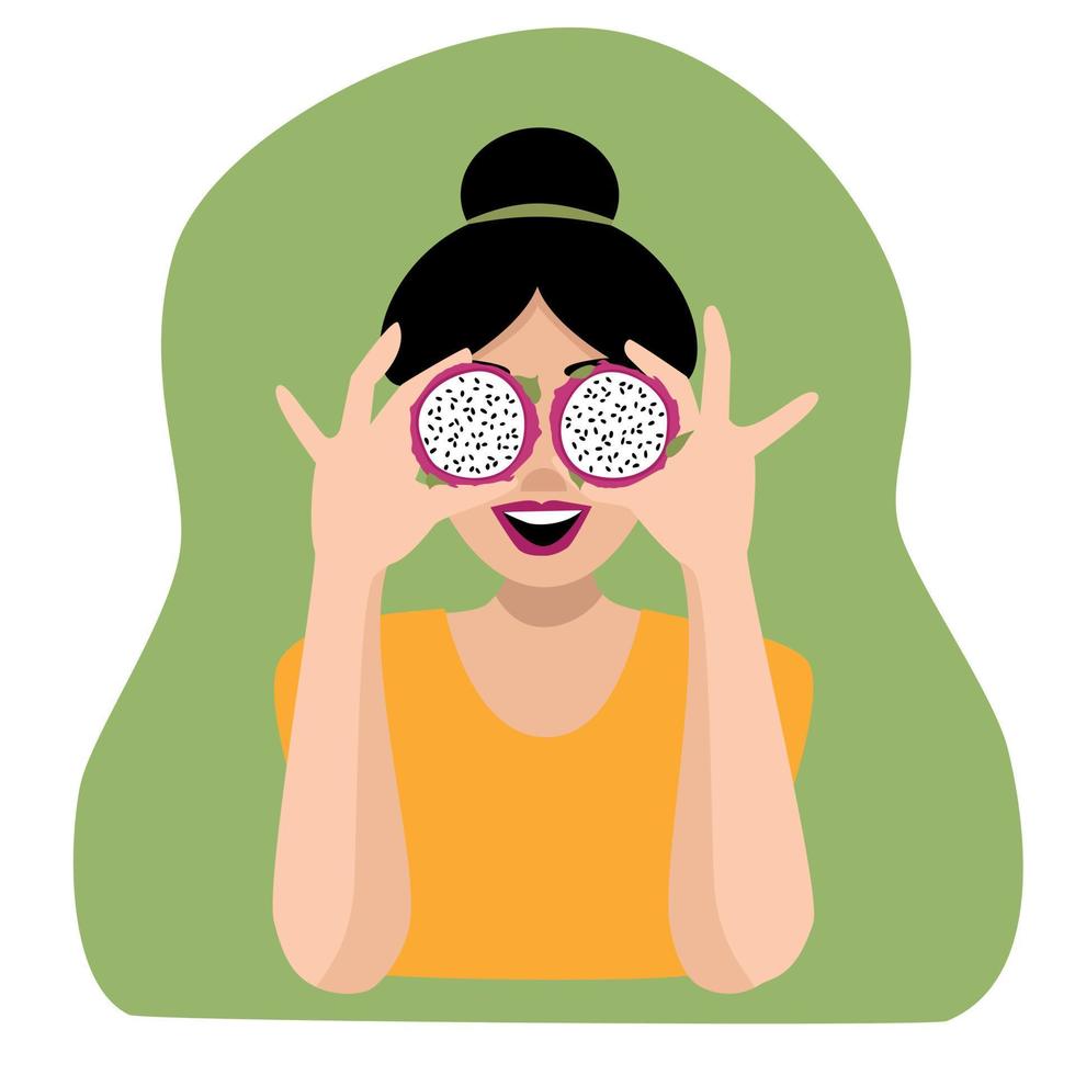 Girl with dragon friut pitaya. Flat cartoon vector illustration.