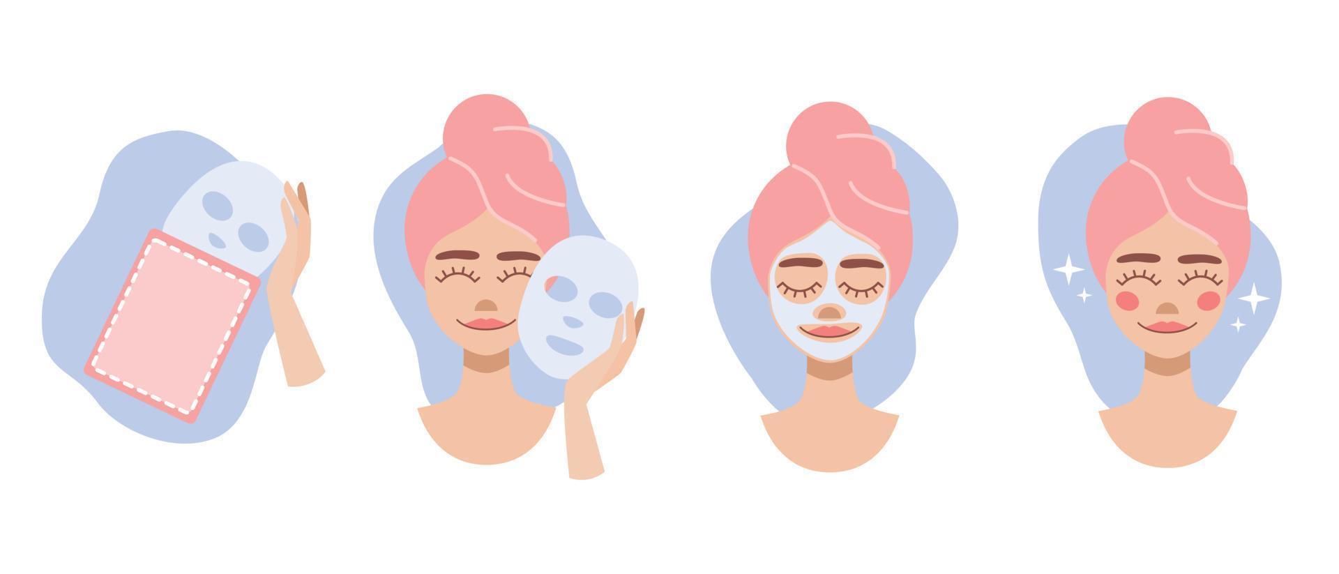 Facial mask cartoon how to apple steps instruction vector