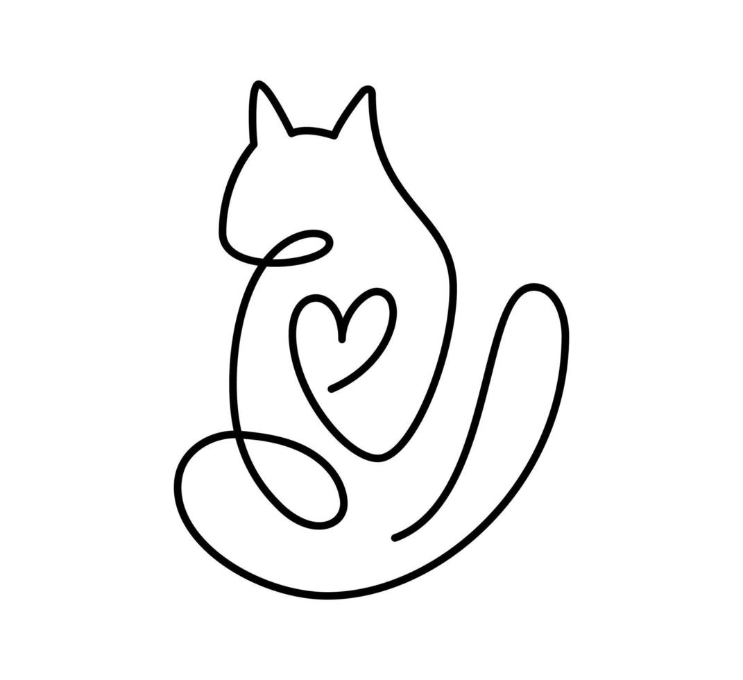 lindo gato vectorial de una línea con corazón. gato minimalista en estilo abstracto dibujado a mano, dibujo minimalista de una línea. adorable mascota. estilo minimalista abstracto vector