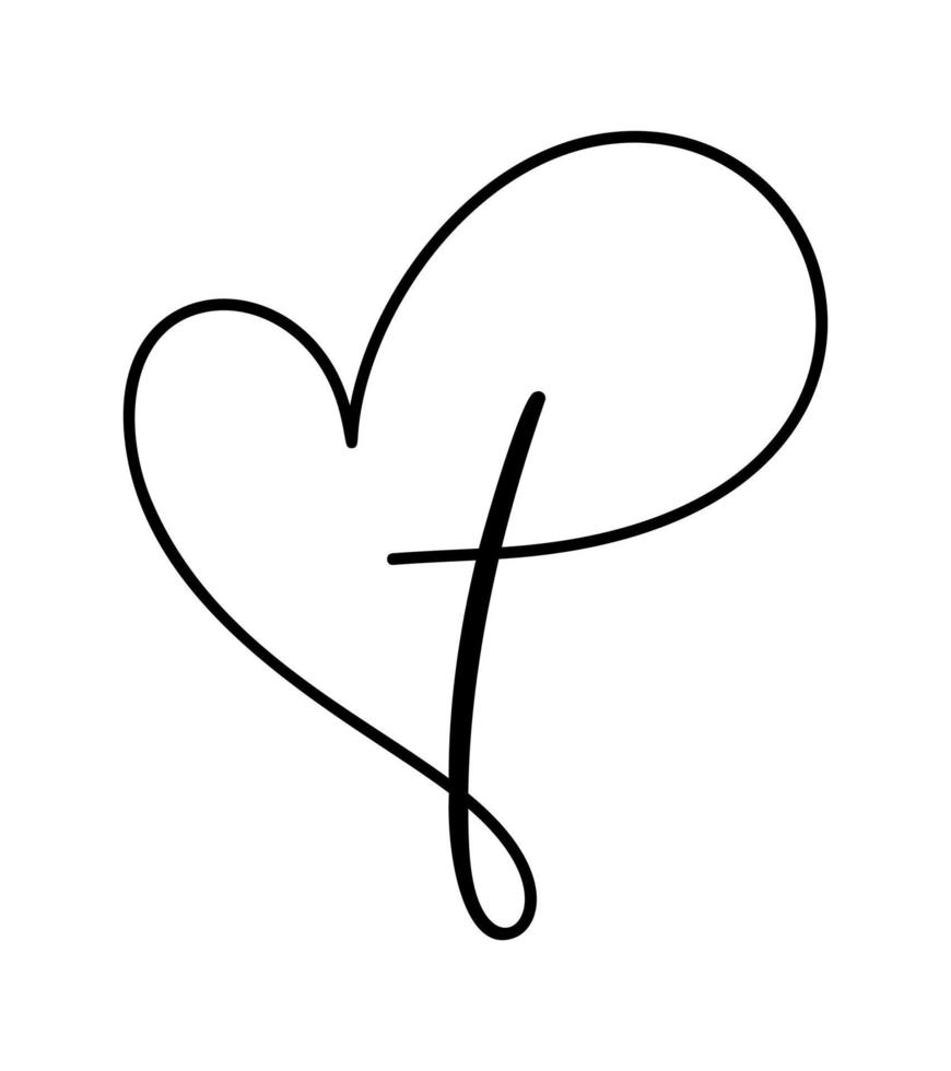 Vector Christian logo one line Heart with Cross on a White Background. Hand Drawn Calligraphic symbol. Minimalistic religion icon