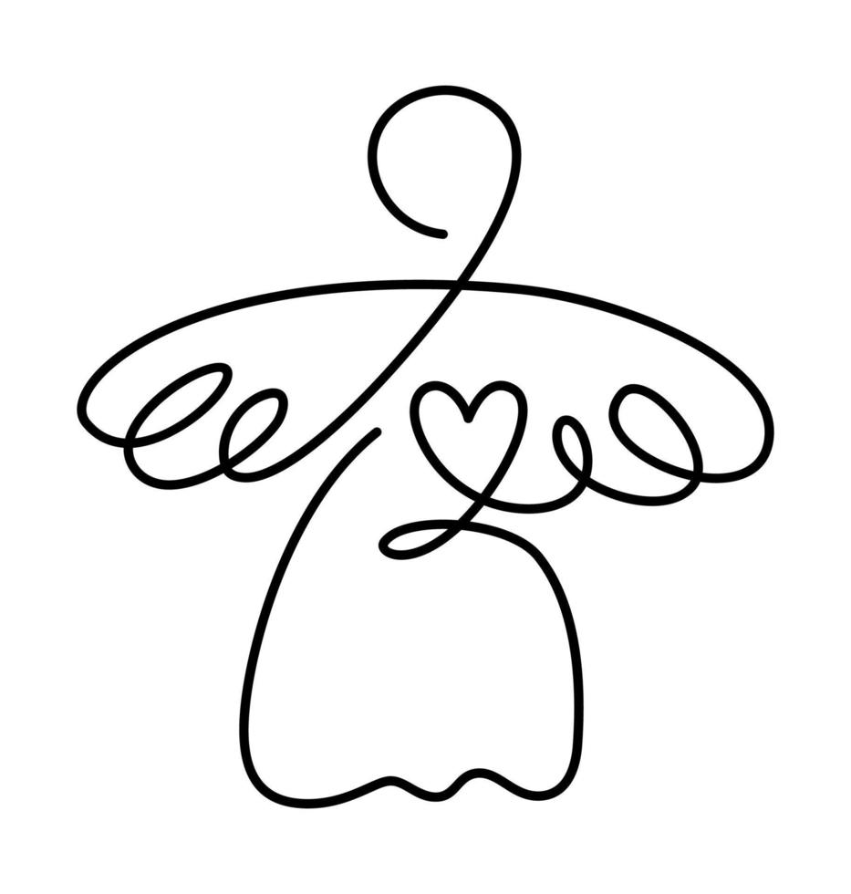 ángel de navidad simple vectorial con corazón, dibujo de línea continua, impresión para ropa y diseño de logotipo, emblema o silueta de una sola línea, ilustración abstracta aislada vector