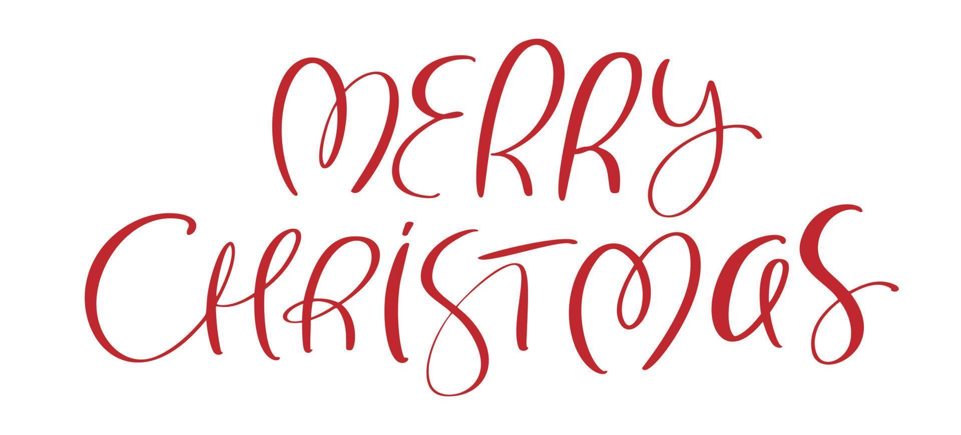 Merry Christmas hand lettering red calligraphy text isolated on white background. Vector holiday illustration element Quote. Xmas script calligraphic phrase