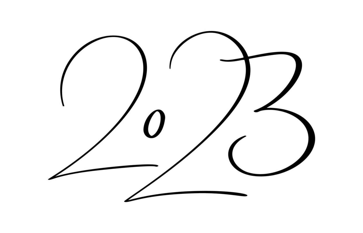 Hand drawn vector lettering calligraphy black number text 2023. Happy New Year greeting card. Vintage Christmas illustration design