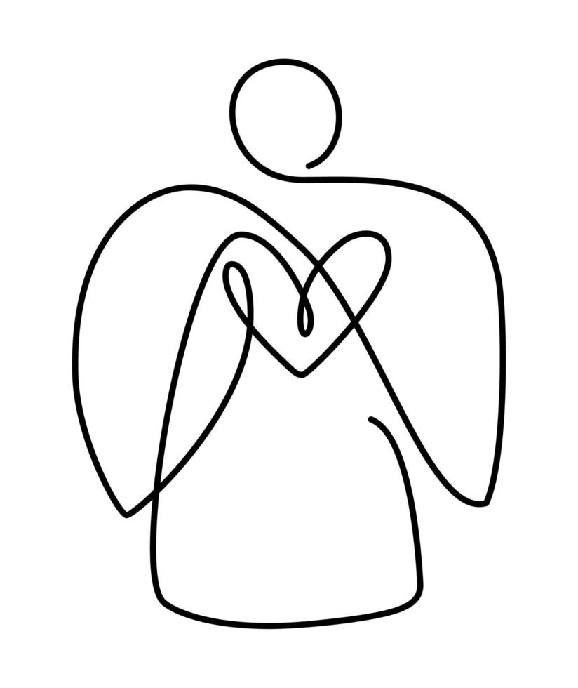 ángel de navidad vectorial simple con corazón, dibujo de línea continua, impresión para ropa y diseño de logotipo, emblema o silueta de una sola línea, ilustración abstracta aislada vector
