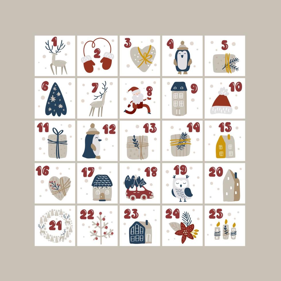vector calendario de adviento de navidad con elementos de diseño dibujados a mano imprimibles conjunto escandinavo