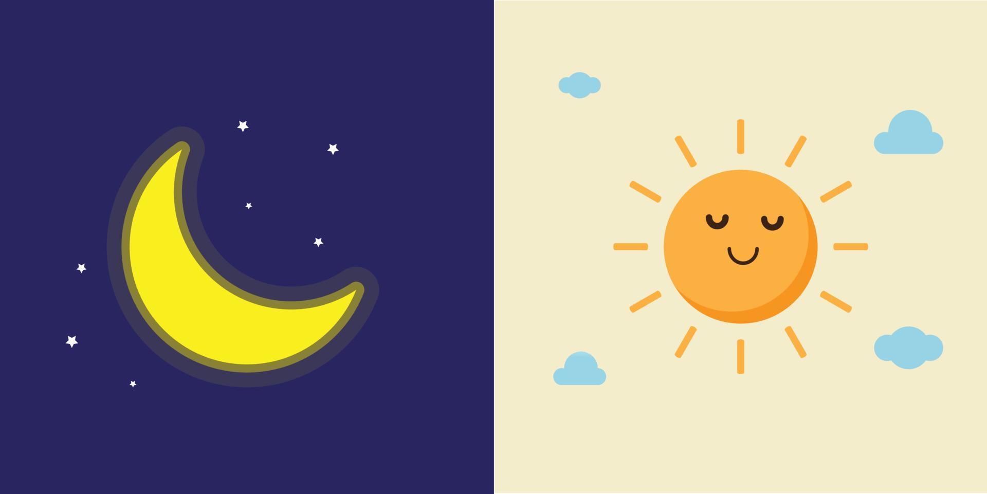 Simple Cute sun feel relax and moon colored flat icon set. Day and night cartoon characters Vector illustration.