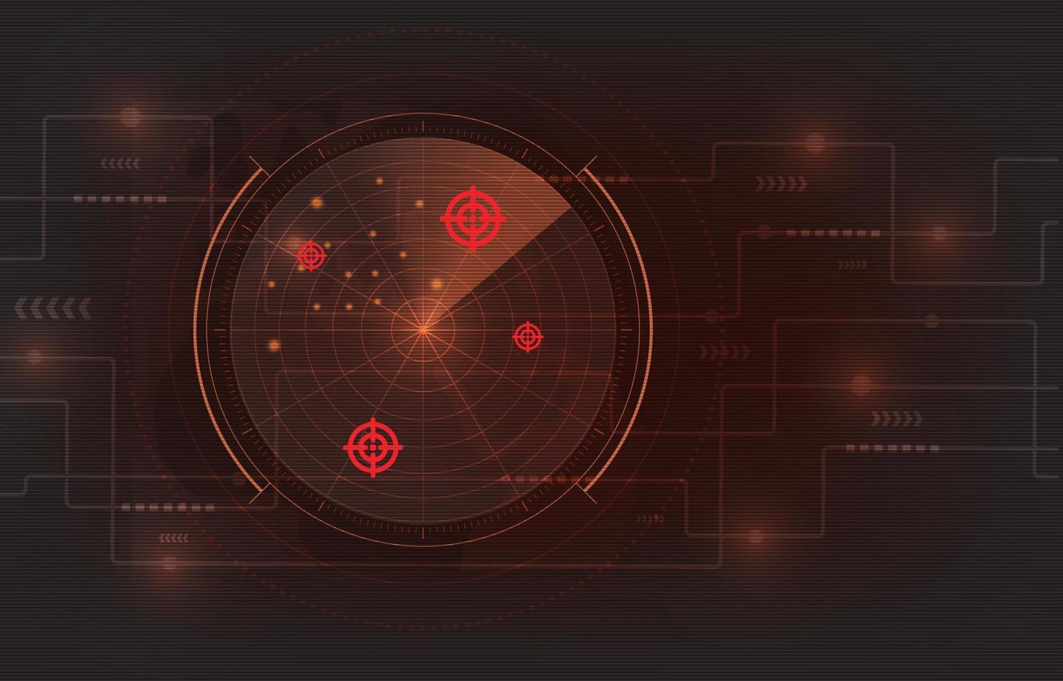 Red tone of polar radar with traget icon and Abstract background Technology circuit. Cyber attack, Hacking Concept. Vector illustration.