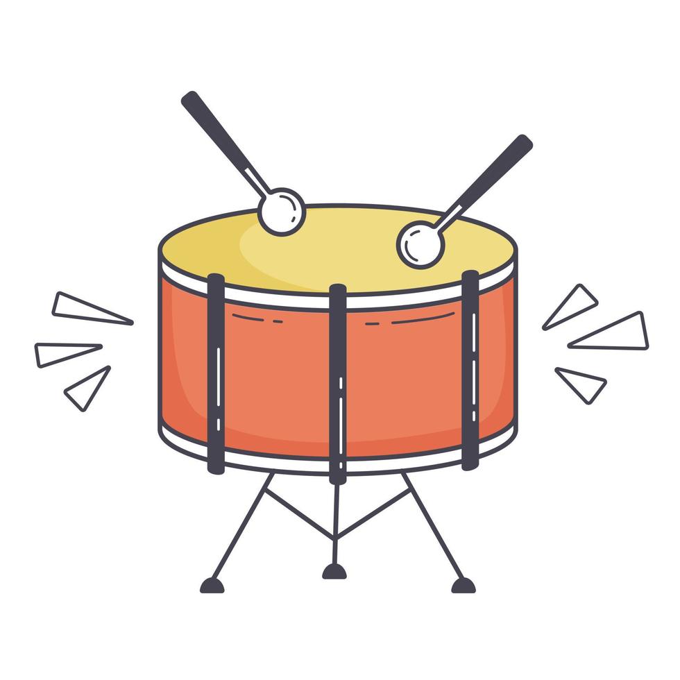 Red drum and wooden drum sticks. Musical instrument. Flat vector illustration isolated on white background.