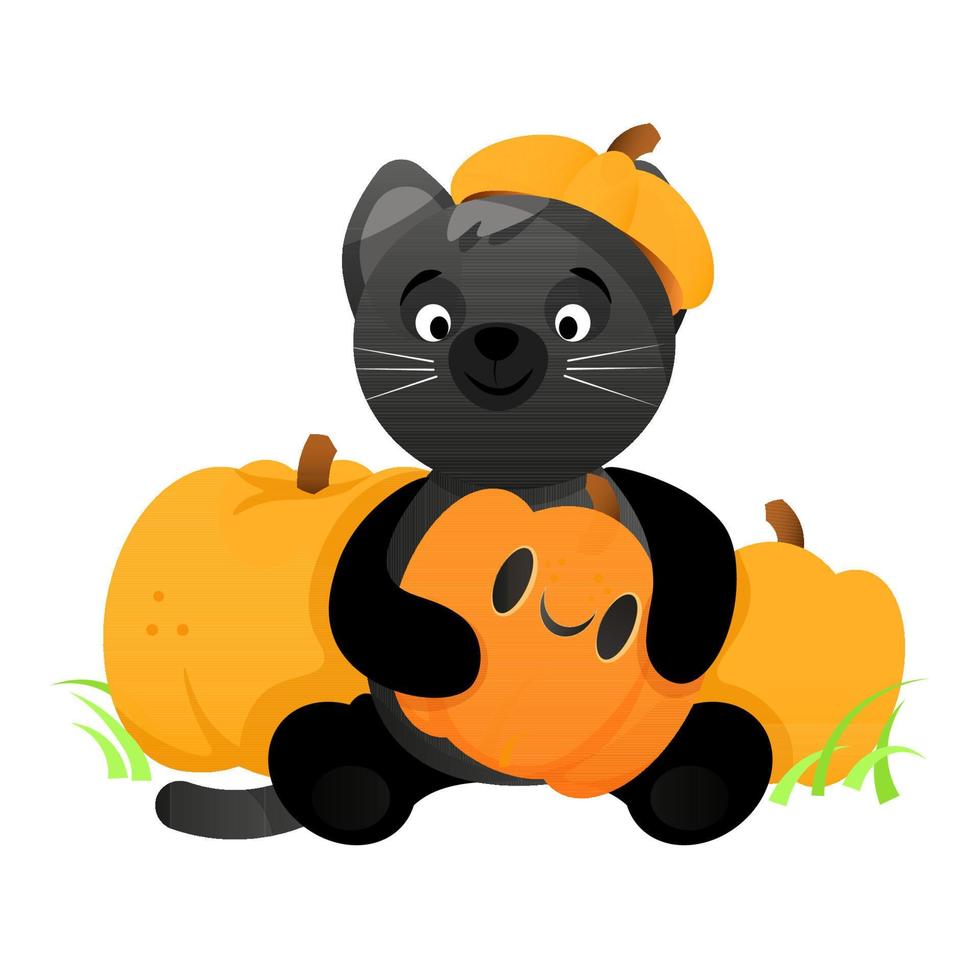 lindo gato negro se sienta entre calabazas y con una calabaza en la cabeza vector