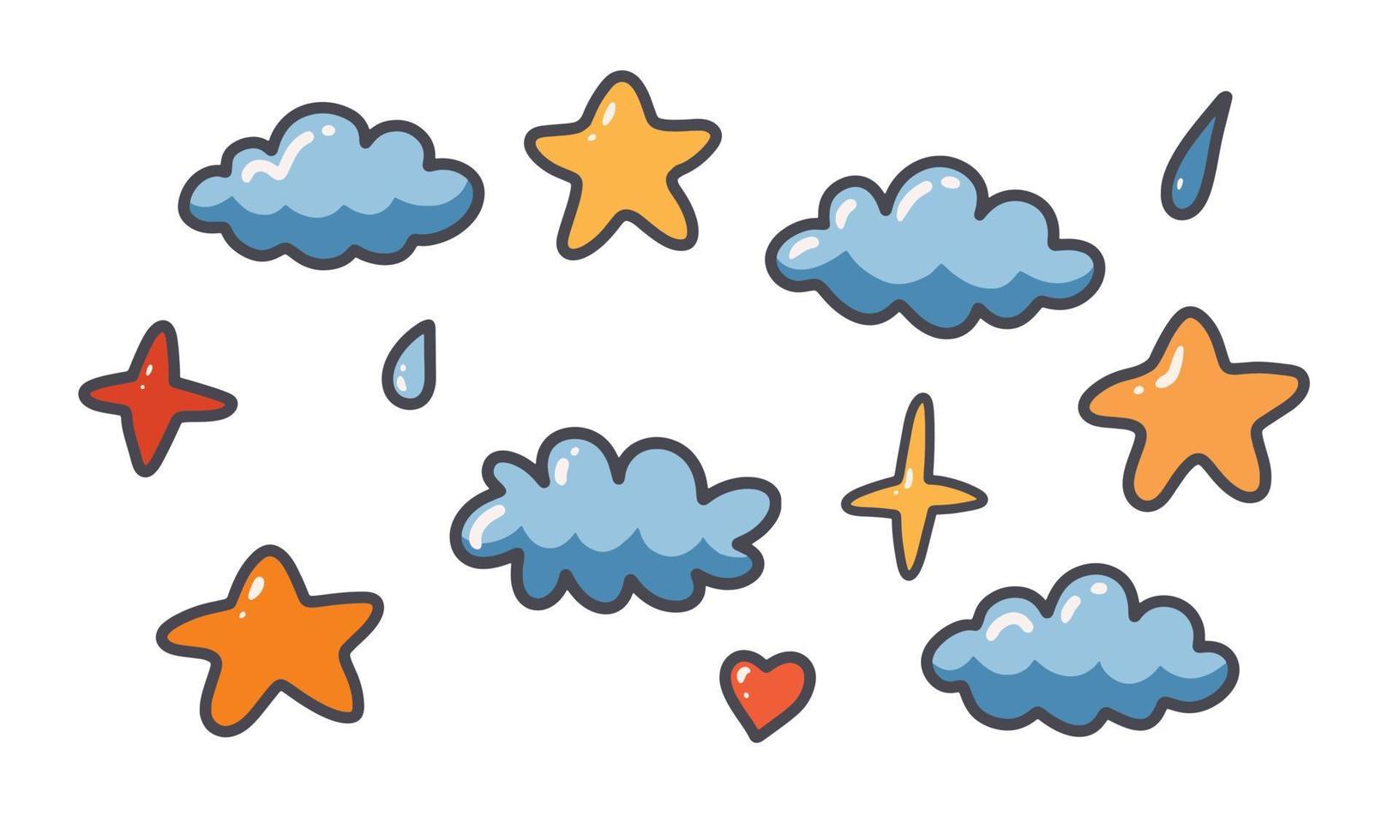 Set of cute cloud and stars for childish design element. Collection of simple cartoon hand drawn illustration. vector