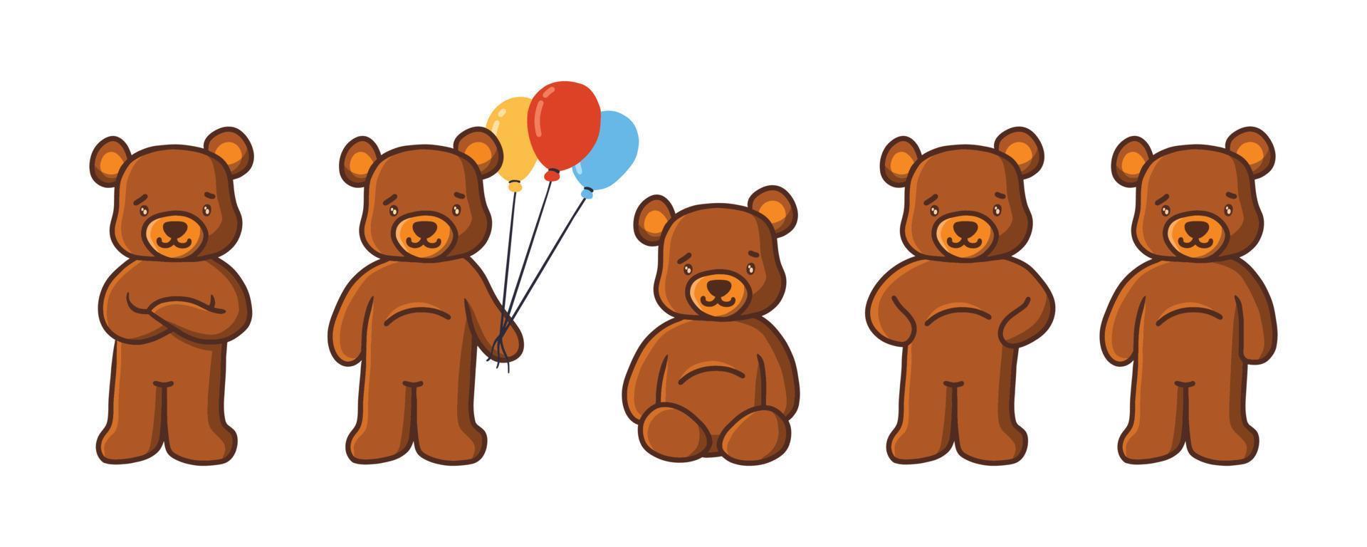 Set of cute teddy bear for birthdays and valentine design element. Collection of cartoon hand drawn illustration. vector