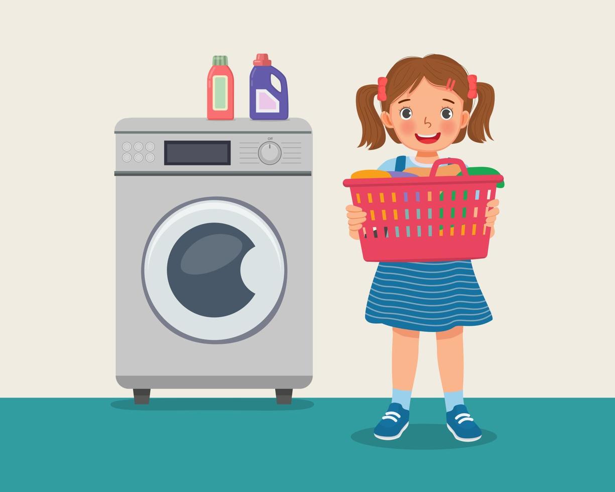 happy little girl holding basket full of clothes doing laundry daily chores with washing machine vector