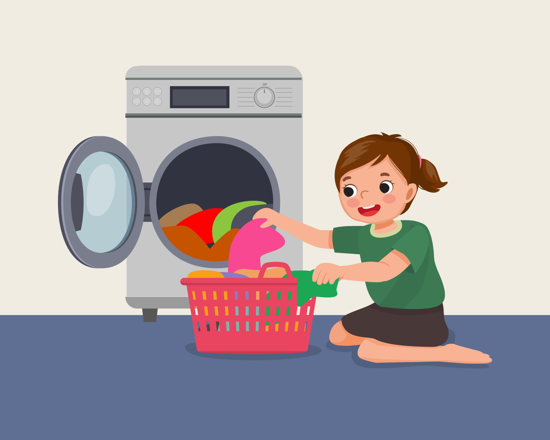 cute little girl doing laundry with washing machine helping mom as