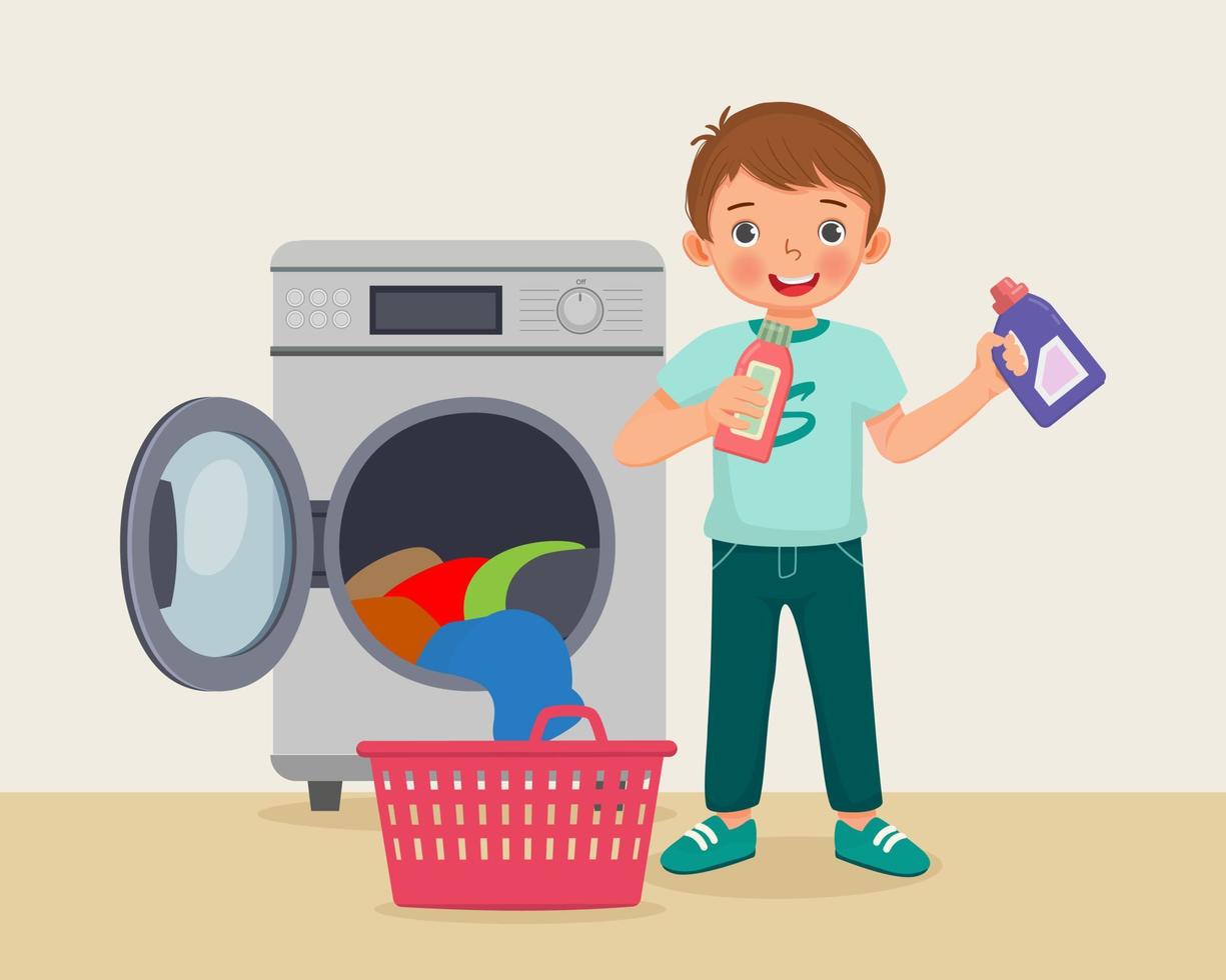 niño pequeño feliz sosteniendo detergente y suavizante de telas lavando las tareas diarias con lavadora vector