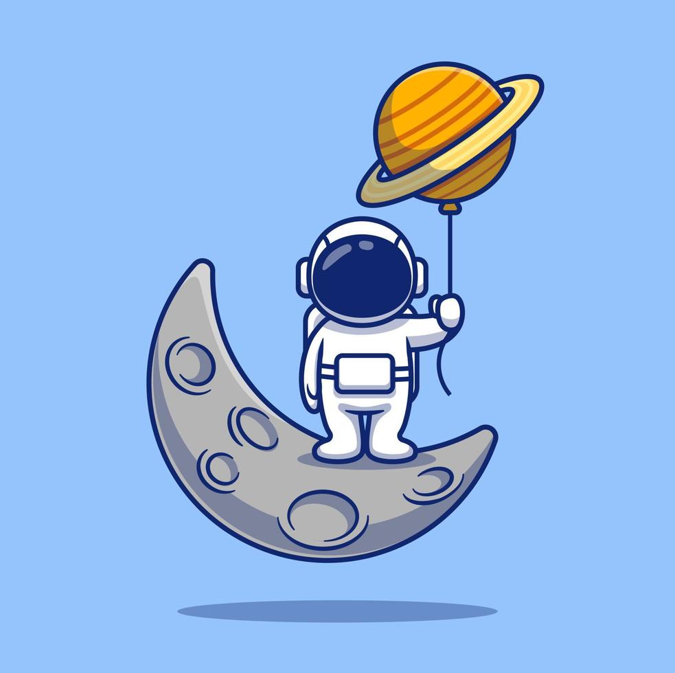 Cute Astronaut Standing On Moon Cartoon Vector Icon Illustration. Science Technology Icon Concept Isolated Premium Vector. Flat Cartoon Style