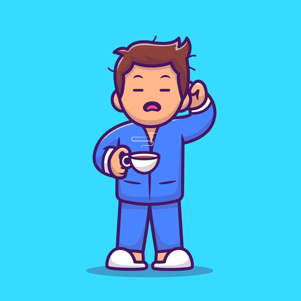 Sleepy Guy Holding Coffee Cartoon Vector Icon Illustration. People Icon Concept Isolated Premium Vector. Flat Cartoon Style