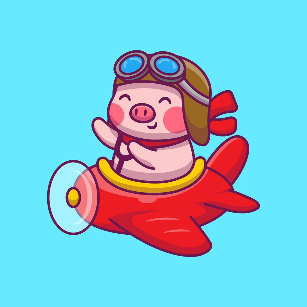 Ilustración de icono de vector de dibujos animados de avión de equitación de cerdo lindo. concepto de icono de transporte de animales vector premium aislado. estilo de dibujos animados plana