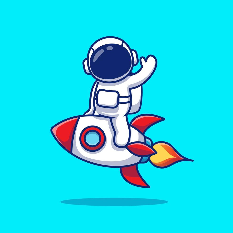 lindo astronauta montando cohete y agitando la mano ilustración de icono de vector de dibujos animados. ciencia tecnología icono concepto aislado vector premium. estilo de dibujos animados plana