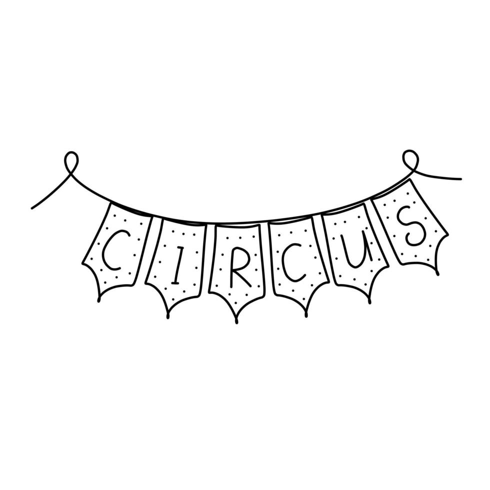 ilustración vectorial dibujada a mano de banderas festivas con letras de circo. Linda ilustración de cartel de circo sobre un fondo blanco en estilo de fideos. vector