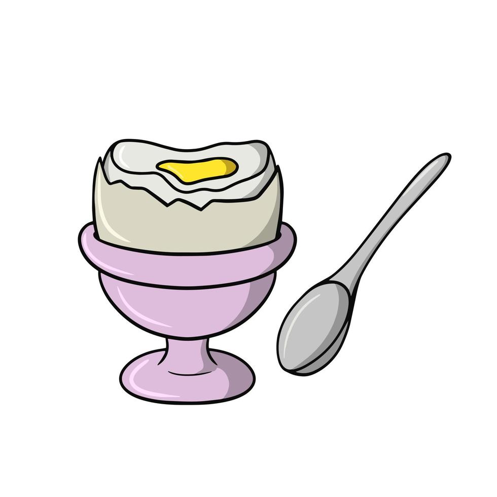 Half Boiled chicken egg on pink ceramic stand, silver spoon, cartoon-style vector illustration on white background