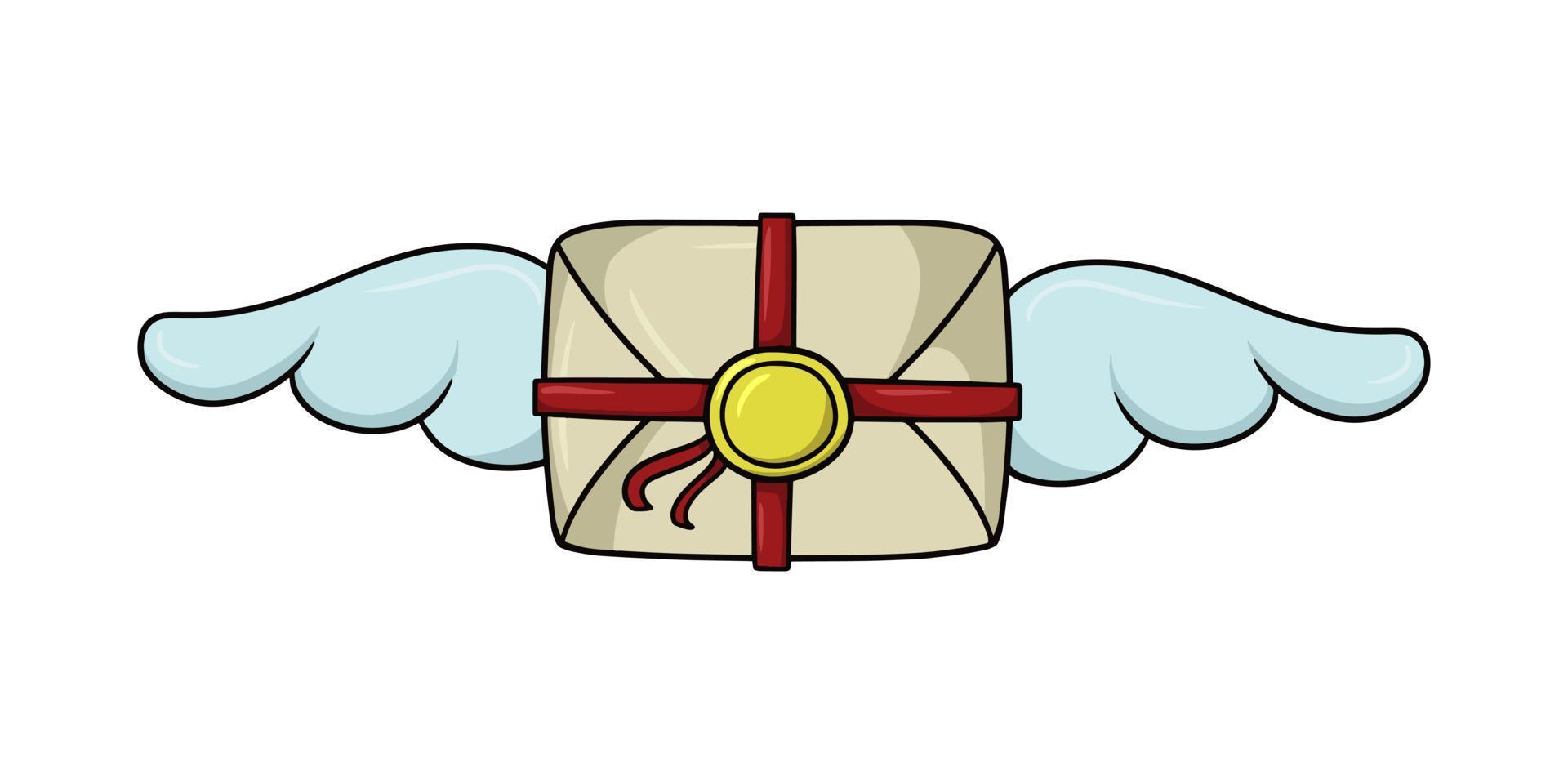 Vintage romantic envelope tied with red ribbon with wings, vector illustration in cartoon style on a white background