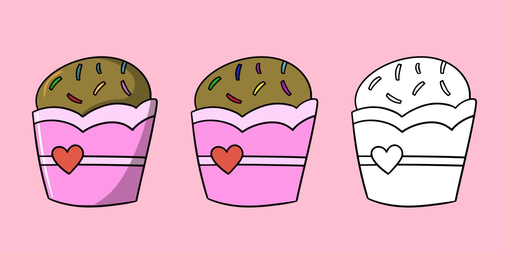 Horizontal set of images, delicious cupcake with sugar crumbs and a heart in a paper cup, vector illustration in cartoon style on a colored background
