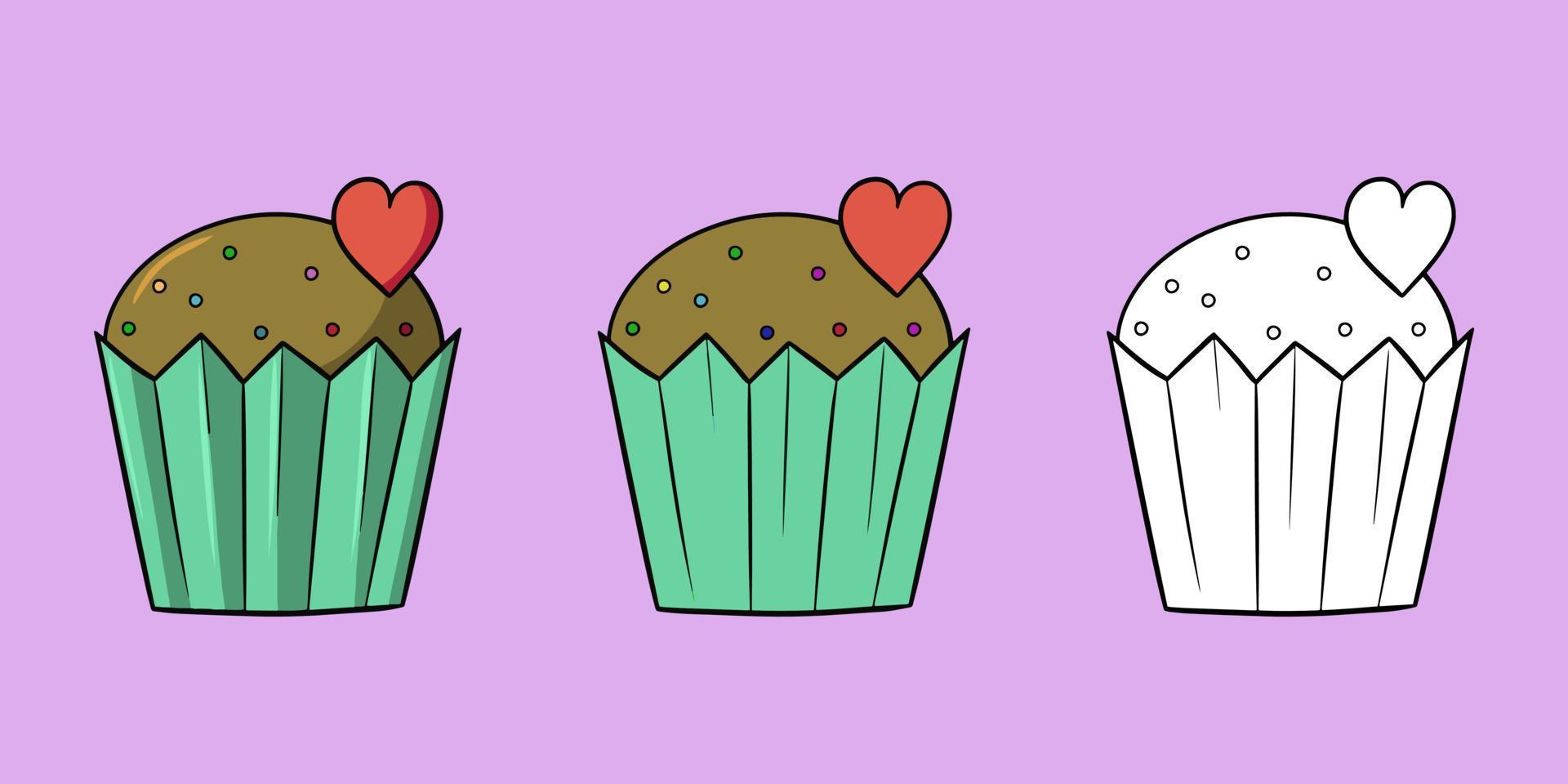 Horizontal set of images, delicious chocolate cupcake with sugar crumbs and a heart in a green cup, vector illustration in cartoon style on a colored background