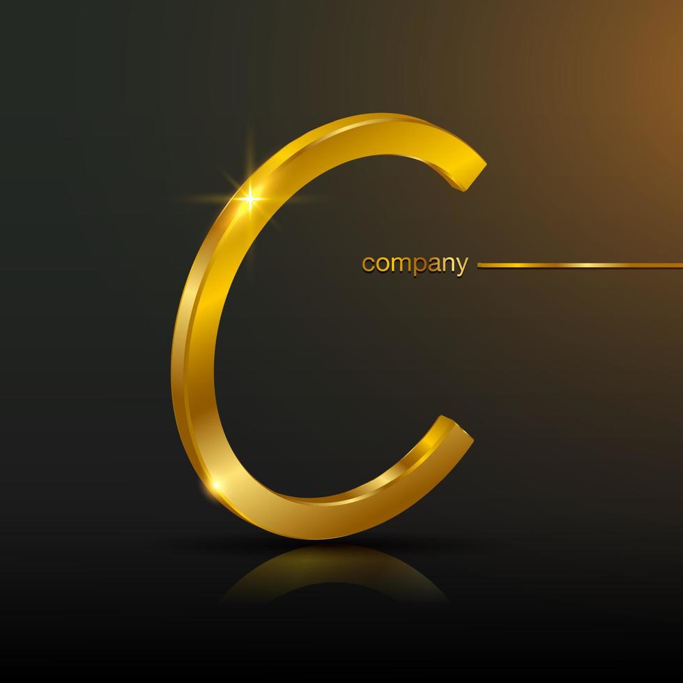 3D Letter C gold logo design. Vector graphic elegant golden font with sample text, luxury symbol alphabet letter C for your Company, isolated on black background