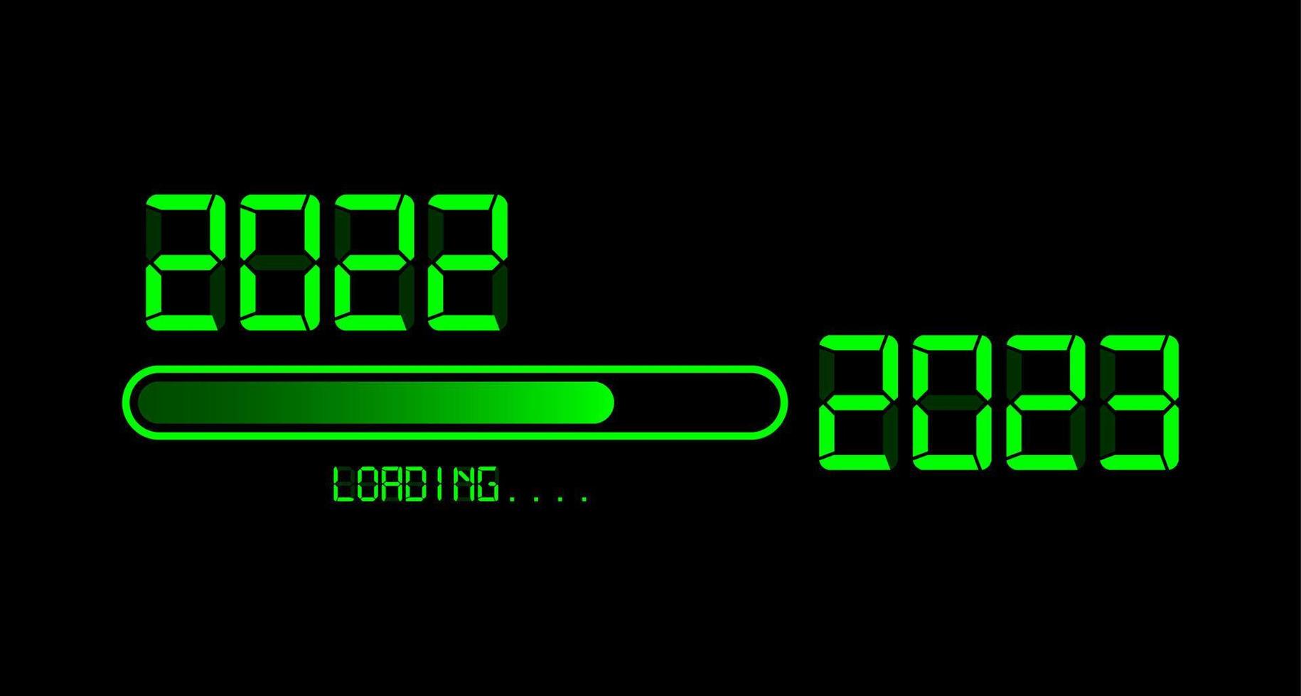 2022 con carga hasta 2023 feliz año nuevo. estilo de tiempo digital de neón led verde. barra de progreso casi llegando a la víspera de año nuevo. ilustración vectorial con pantalla 2023 cargando fondo negro o aislado vector