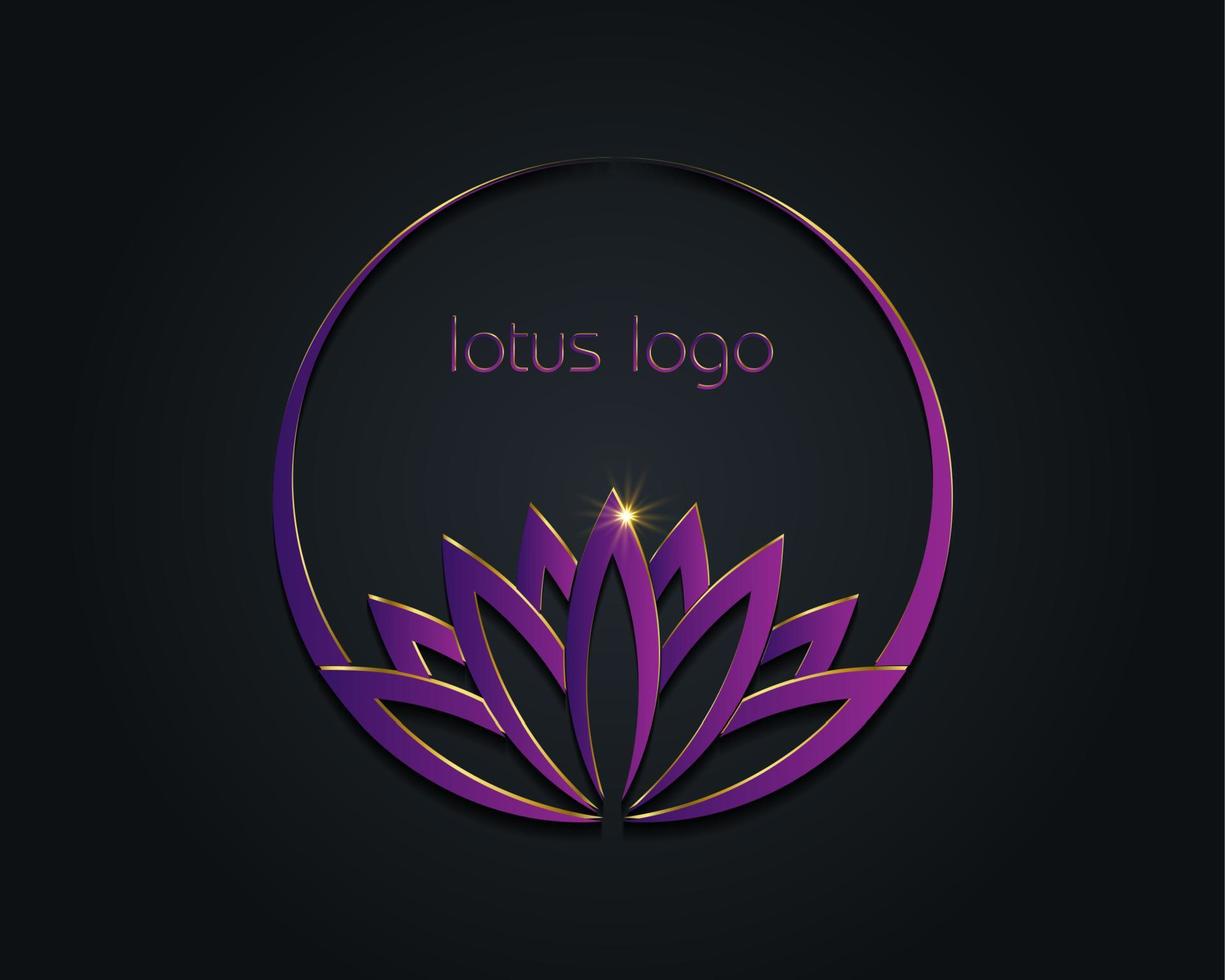 Purple Lotus logo, water lily, Flower of Life. Sacred Geometry. Symbol of Harmony and Balance. Circle Sign of purity. Chakra Yoga design vector isolated on black background