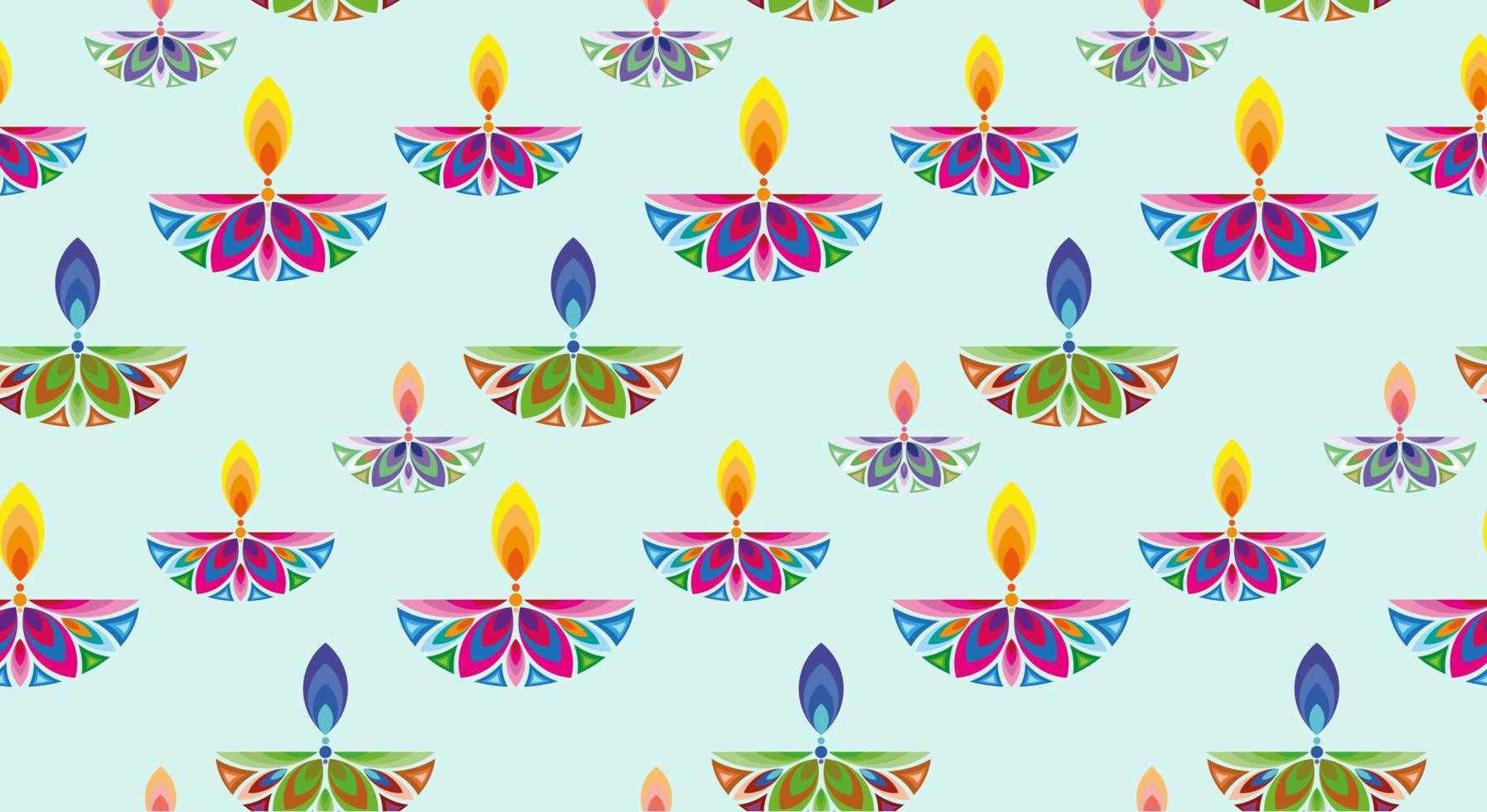 festival diwali de luces sin costuras celebración india textura de patrón colorido. diseño de plantilla de banner gráfico de lámparas de aceite diya de flores indias, diseño moderno en colores vibrantes. fondo vectorial vector