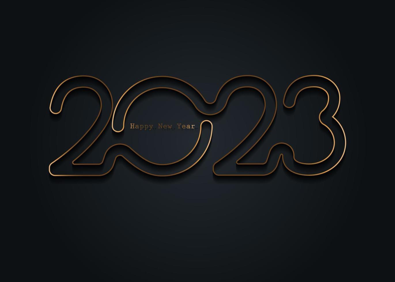 2023 New Year gold logo design. Holiday greeting card. Vector illustration. Holiday design for greeting card, invitation, calendar, party, golden holiday label isolated on black background