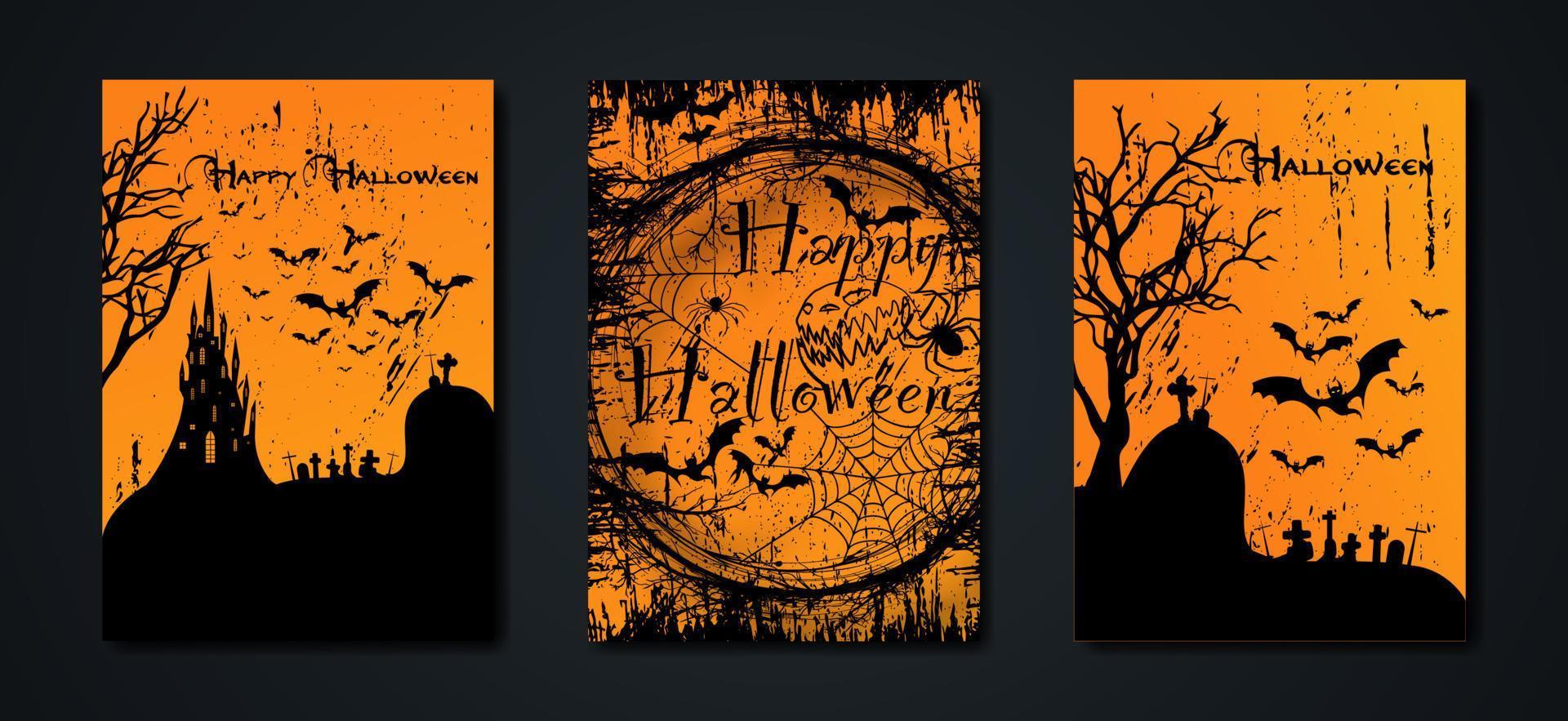 Halloween party, set cards spooky dark orange background, silhouettes of characters and scary bats with gothic haunted castle, horror theme concept, scary pumpkin and black graveyard, vector templates