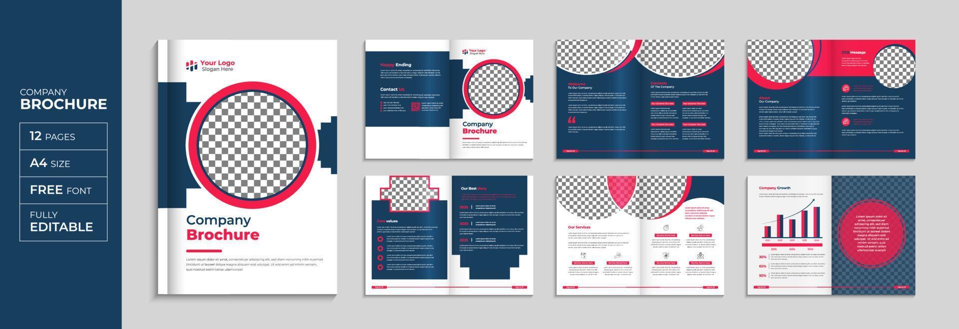 Red blue corporate 16 page brochure and booklet template, modern company profile layout Pro Vector